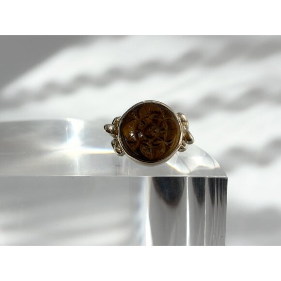 Hand Carved Wood Floral Shaped 925 Sterling Silver Statement Vintage Ring - sz 7 - Picture 11 of 11